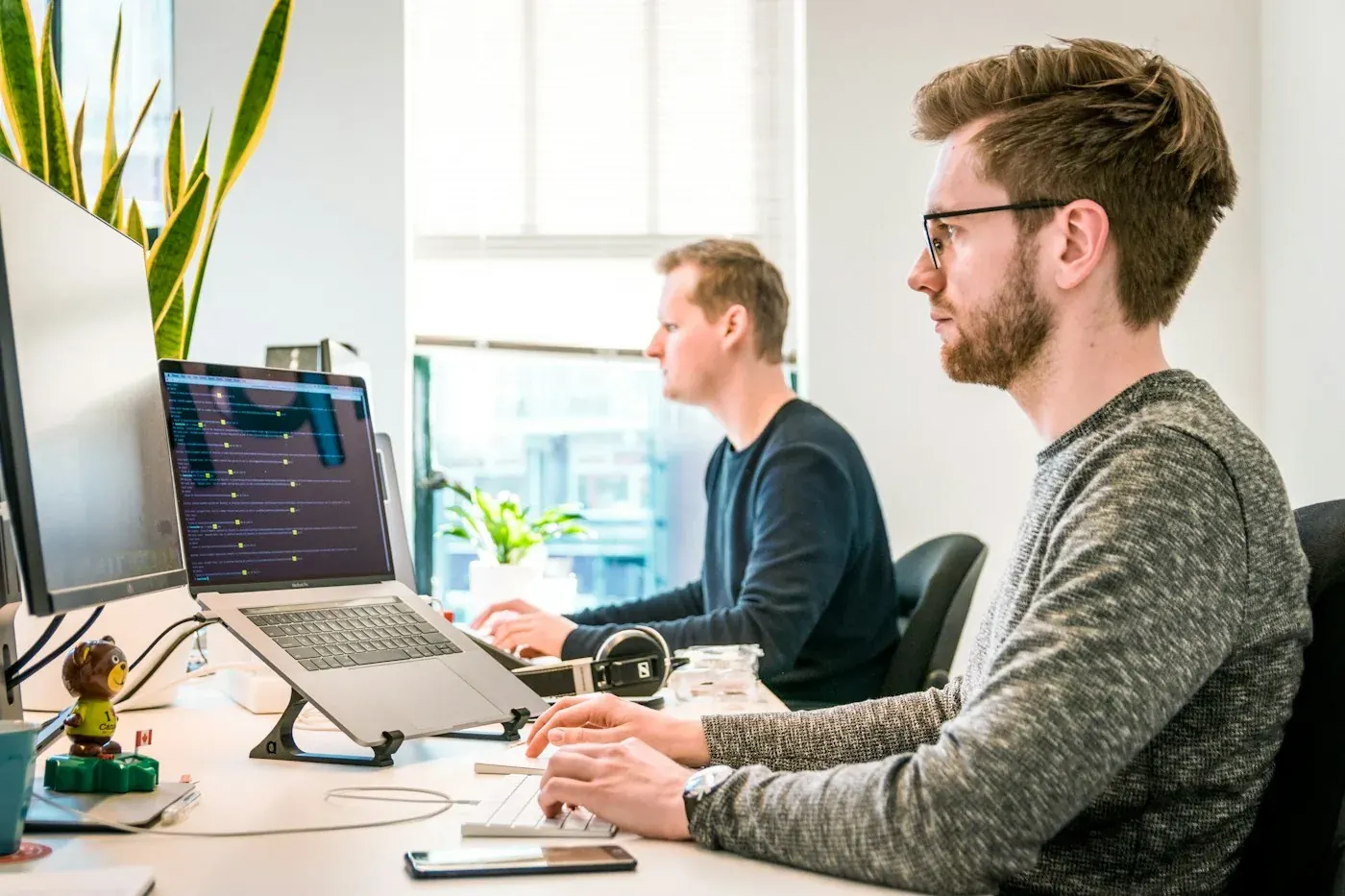 Technology team collaborating in a modern workplace