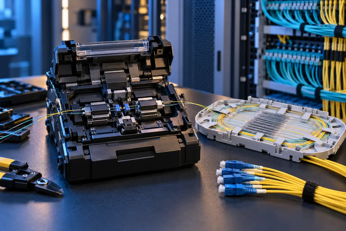AI-generated technical illustration of fusion splicing equipment and optical patch leads