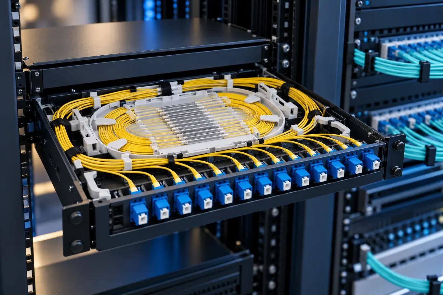 Conceptual optical distribution frame with protected fiber splices, organized loops and connector adapters