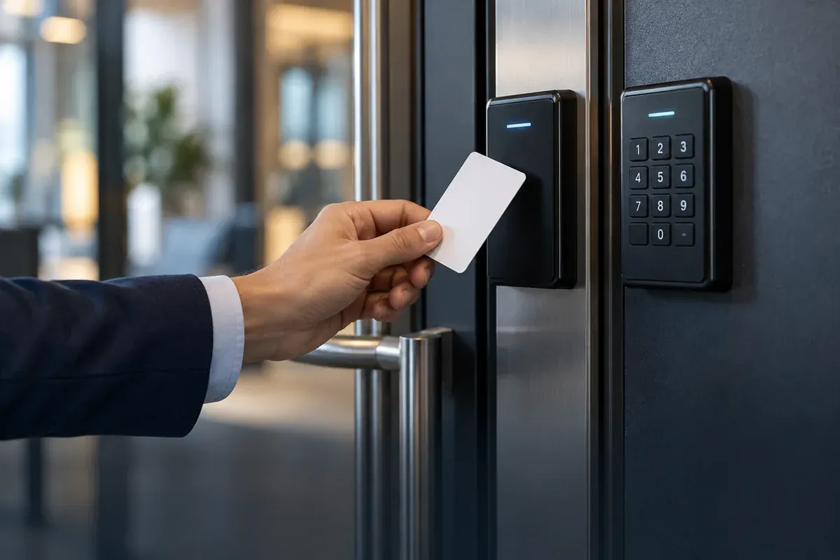 AI-generated technical illustration of a card reader and electronic door access