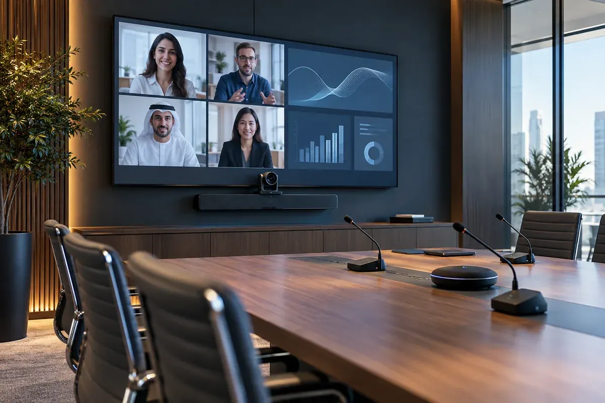 AI-generated technical illustration of conferencing displays, camera and meeting-room microphones