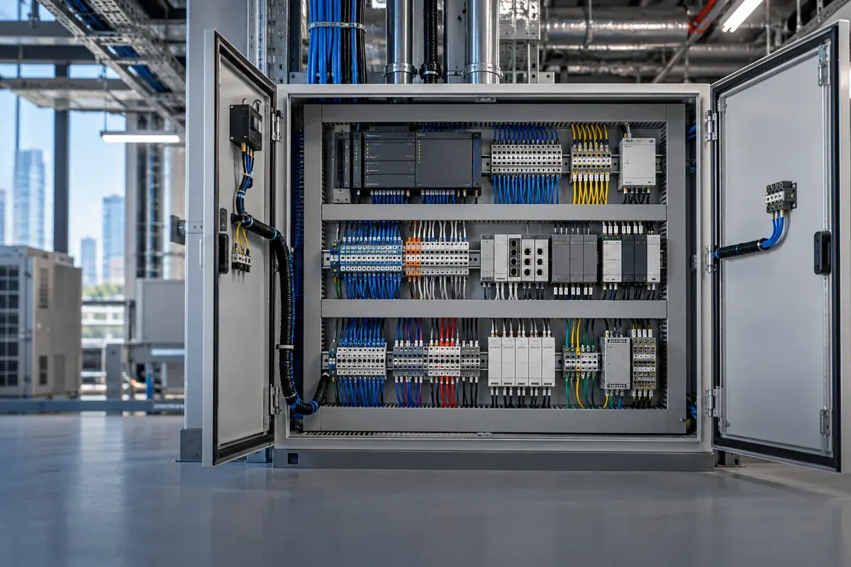 AI-generated technical illustration of an integrated low-current control cabinet