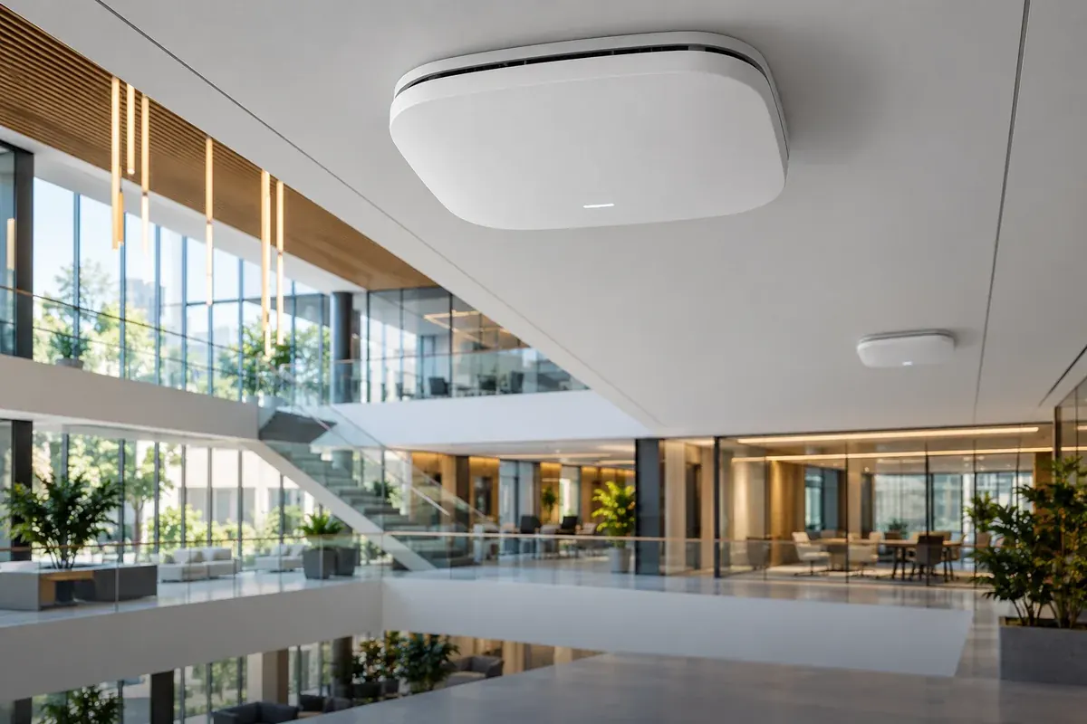 AI-generated technical illustration of a commercial ceiling-mounted wireless access point