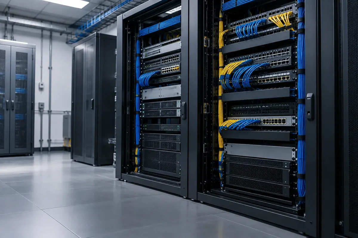 AI-generated technical illustration of organized server racks and patch cabling
